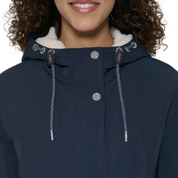 TH Tommy Hilfiger Women Hooded Parka Jacket Long Coat Dark Blue Navy Large - Picture 8 of 14